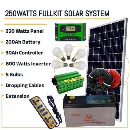 250 Watts Solar Panel Special All Weather Fullkit 200AH Battery 600Watts Solar Inverter 30 Ah Charge Controller5 bulbs dropping cableEXTENSIONs