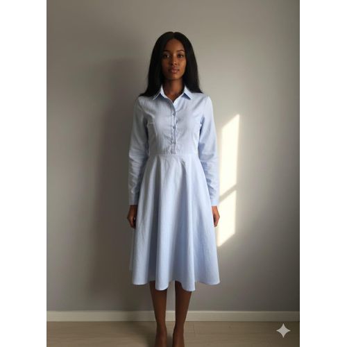 Women's Elegant Long-Sleeve Button-Down Midi Flare Dress - Sky Blue
