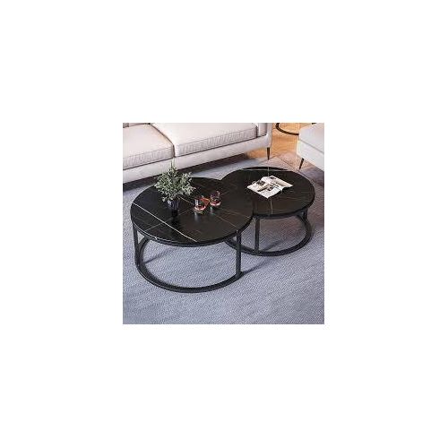 mdf modern round nesting coffee with a black marble-effect top and a black metal frame. black