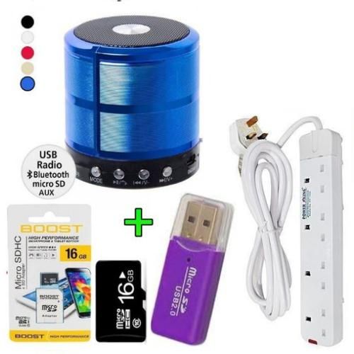Portable Bluetooth Speaker +Free 16GB Card Memory Card , Memory Card Reader, FM Radio, 10H Playtime, Compact Design + 4 Way Power Extension Cable