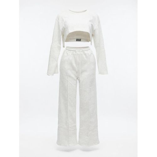 Sexy - 3piece set – Light grey long sleeve crop outer, inner crop top & wide leg pants