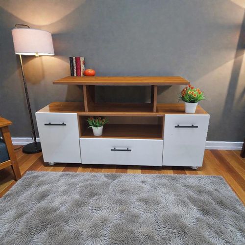 Wooden Modern TV Stand – 4 Feet, White & Natural Finish