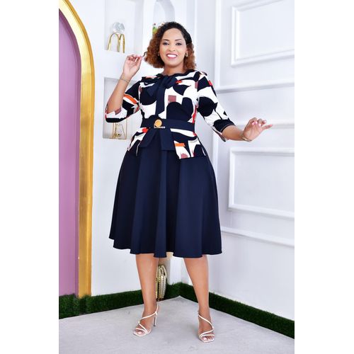 Elegant Semi Turkey Navy Blue Peplum Skater Bress