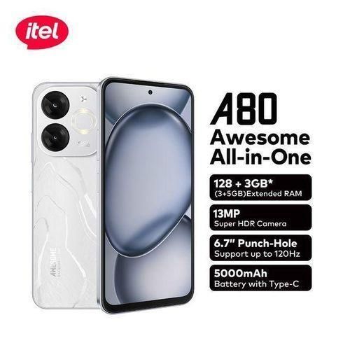 Itel A80, 6.7" DISPLAY, UPTO 8GB RAM + 128GB ROM (Dual SIM), 5000mAh, White (1 YR WRTY)