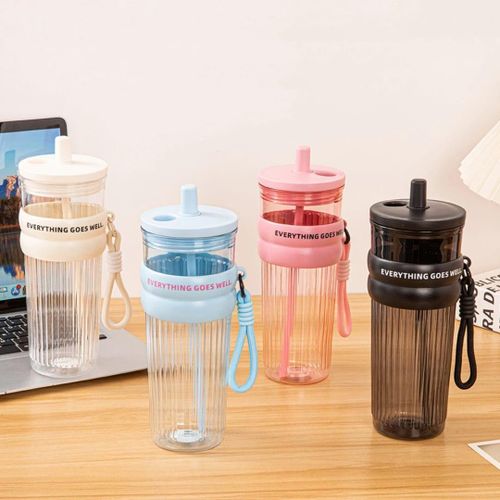Large Capacity Straw Cup Water Bottle with Rope Portable Summer Cold Drink Bottle Leakproof Design Durable Plastic Hydration Cup for School Travel Outdoor Sports Stylish Drinking Bottle