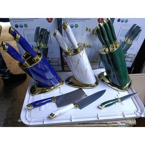 6pcs Kitchen Knife Set with Round Stand Gold Base Stainless Steel Knives Marble Textured Handle for Home Cooking Professional Chef Utility Cutlery