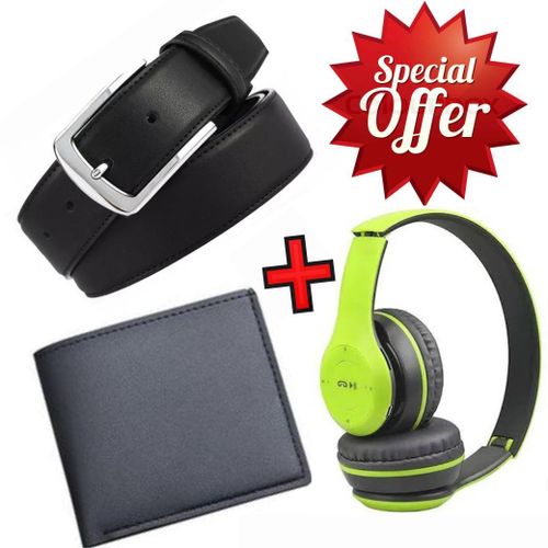 Elegant Black Leather Automatic Buckle Belt For Men's Official Use - Black+Wallet +P47 Headphones-Green