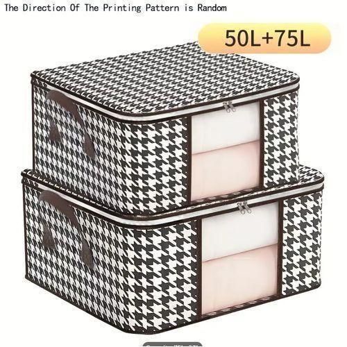 2-Piece Large Thousand Birds Checkered Pattern Storage Bag with Transparent Window Reinforced Handle and Durable Zipper - Organization Bag for Quilts and Clothes