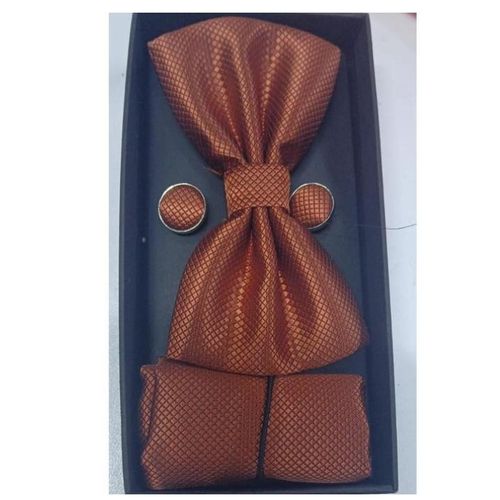 Mens Bow Tie Cufflinks Pocket Square Set Formal Accessories for Men- Brown