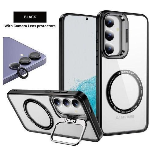 Black Magnetic, Magsafe Compatible Stand Bracket, Transparent Case With Camera Metal Ring Lens Protector, Cover Case For Samsung Galaxy S24