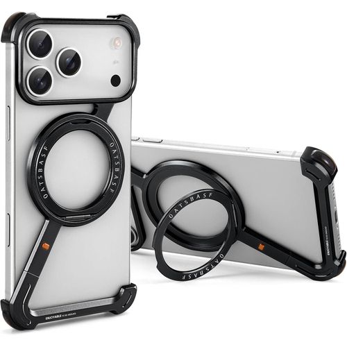 Original OATSBASF Minimalist Aluminum Phone Case for iPhone 17 Pro Max with 360° Rotation Kickstand, Frameless Metal Design, and Magnetic O-Ring Compatibility