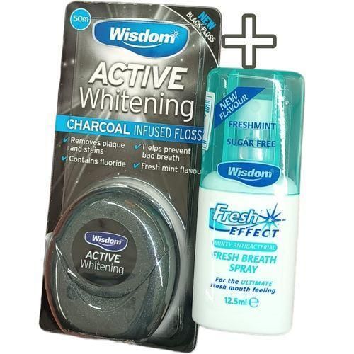 Health ACTIVE WHITENING Charcoal INFUSED FLOSS + Fresh Effect FRESH BREATH SPRAY Plaque Stains Bad Breath Mint Scent WÄ±sdom