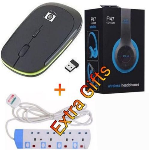 Wireless Optical Mouse - Bluetooth - Black - Ergonomic Design + EXTRA GIFTS P47 Wireless Headphones & 4-Way Power Extension Cable Socket With Safety Switches