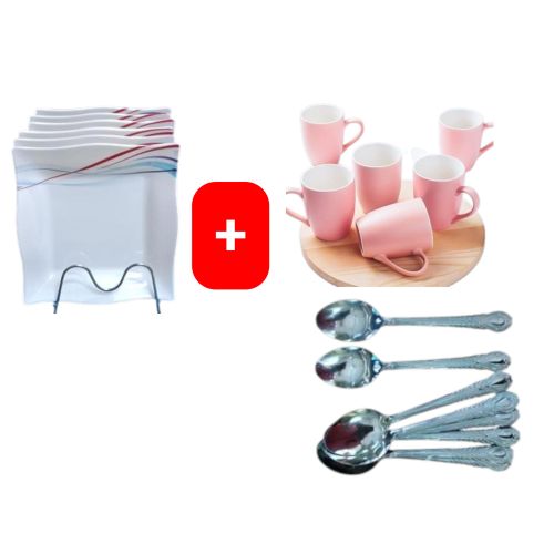Melamine Square Dinner Plates – 6PCS Set with FREE Coffee/Tea Cup Mugs & 12PCS Table Spoons