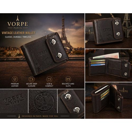 Mens Vintage Leather Wallet Slim Bifold Snap Button Card Holder Brown