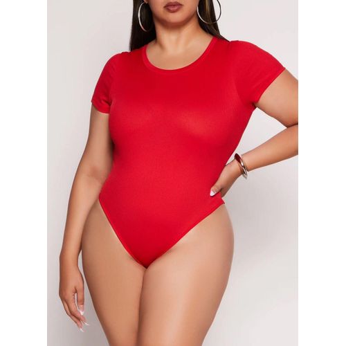 Red Short Sleeve Round Neck Bodysuit for Women