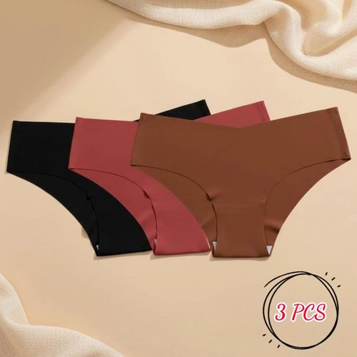 3 Pack Women’s Seamless Underwear , Breathable Mid‑Rise Briefs, Full Coverage No‑Show Panties with Double‑Layer Crotch, Stretch Comfort Everyday Wear（Black / Red / Brown）