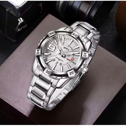 Classic NAVIFORCE NF9117 Gents Watch – Polished Stainless Steel, Day & Date Display, and Reliable Battery Power