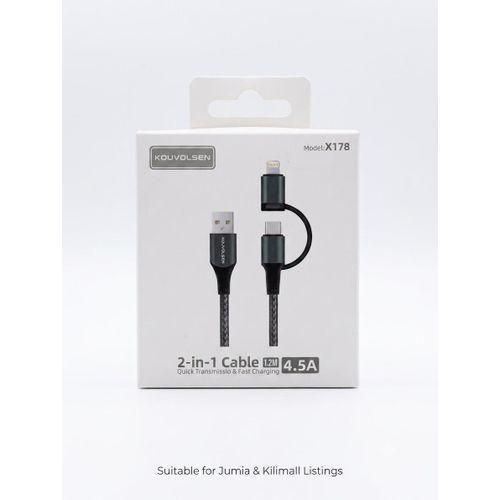 2-in-1 USB to Type-C & Lightning Braid Cable – 4.5A Heavy Duty Fast Charging & Quick Data Transmission Sync Cord, 1.2M Length