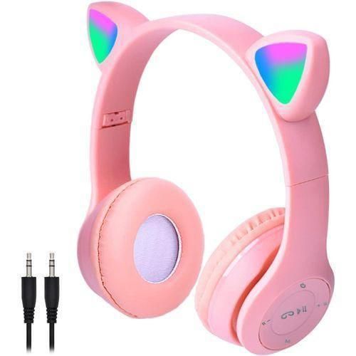 Kids Wireless Bluetooth Cat Ear Headphones – LED Light-Up Stereo Headset with Microphone