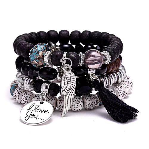 Women's 4-Piece Boho Stackable Bracelet Set - Black Bodhi Style Beaded Stretch Bracelets
