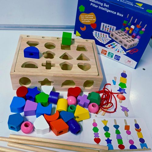 Wooden Shape Matching Bead Threading Set Kids Educational Sorting Toy Montessori Learning Box