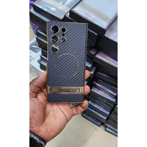 Galaxy S23 Ultra Magnetic Carbon Fiber Leather Stand Case Premium Luxury Protective Back Cover with Built-In Kickstand - Black