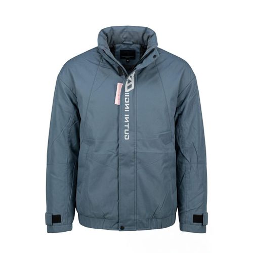 Unisex Heavyweight Fleece-Lined Windbreaker Jacket With Typography Print - Slate Blue