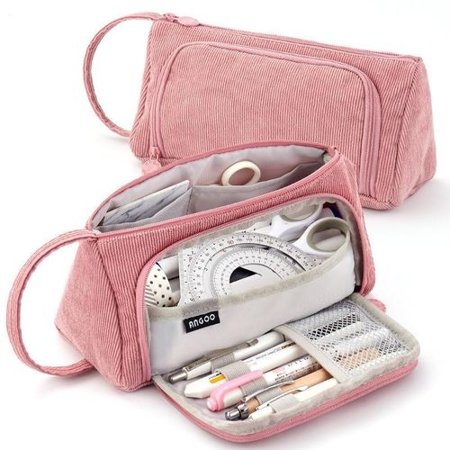 Student Large-Capacity Stationery Bag Portable Gift Cosmetic Bag(Bean Pink Corduroy)