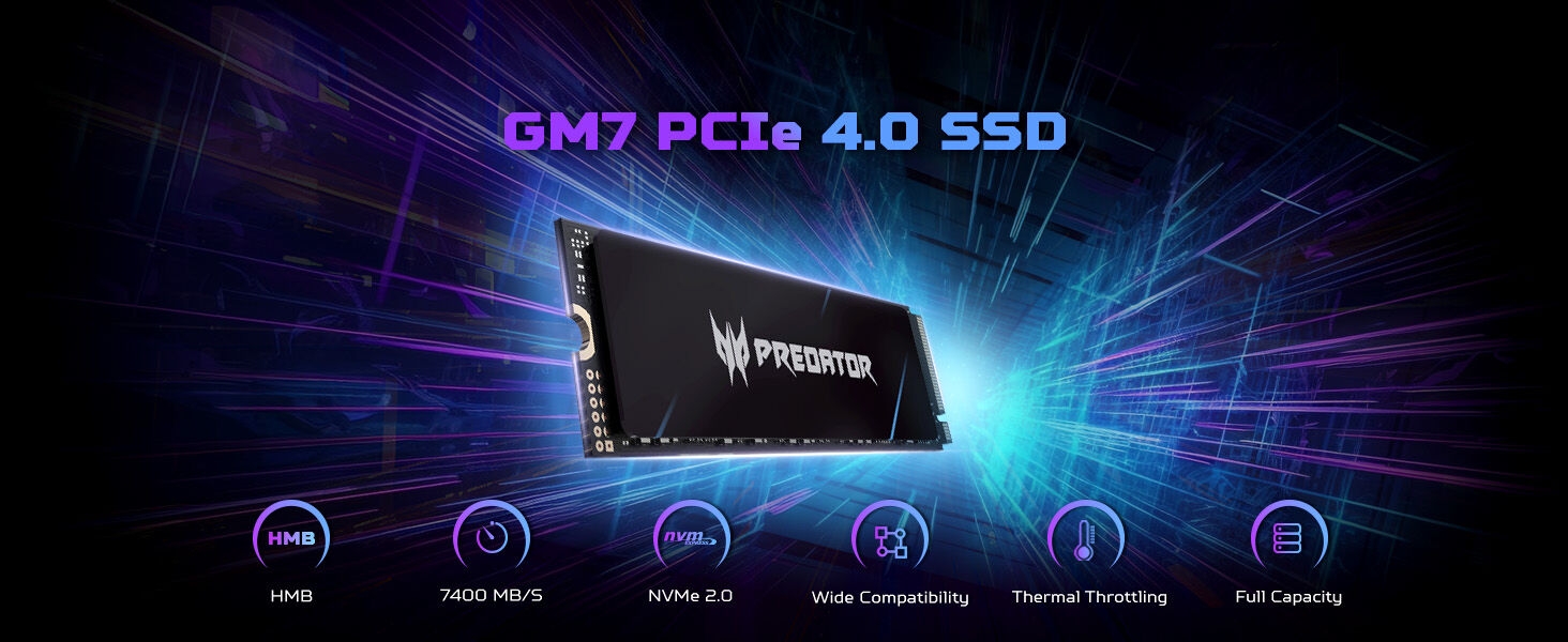 HMB  7400 MB/s  NVMe 2.0  Wide Compatibility  Thermal Throttling  Full Capacity