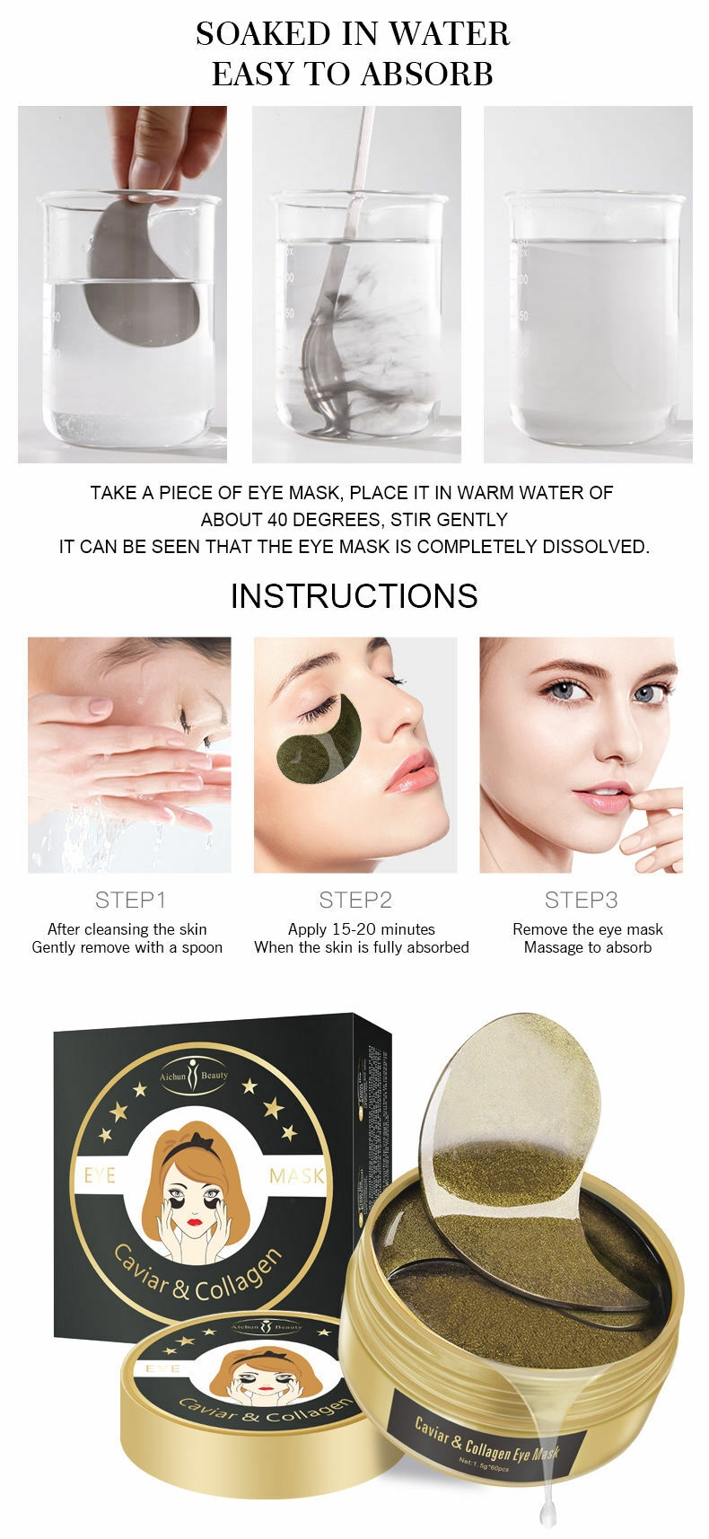 Wholesale Eye Perfect Care Anti Aging Firming Caviar Collagen Hydrating Sheet Eye Mask