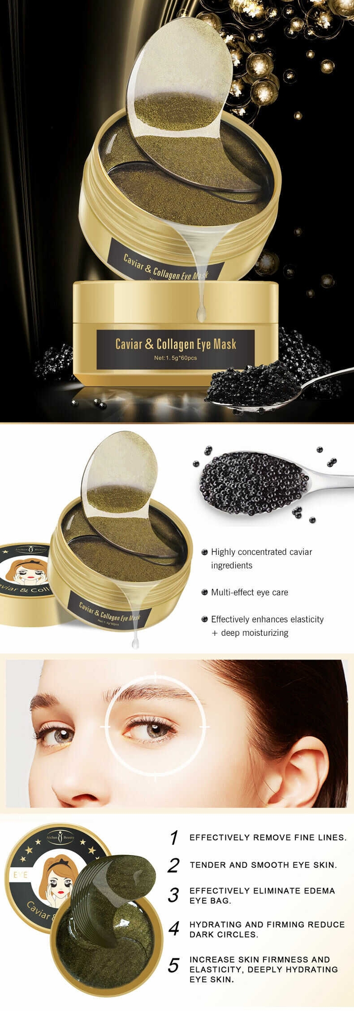 Wholesale Eye Perfect Care Anti Aging Firming Caviar Collagen Hydrating Sheet Eye Mask