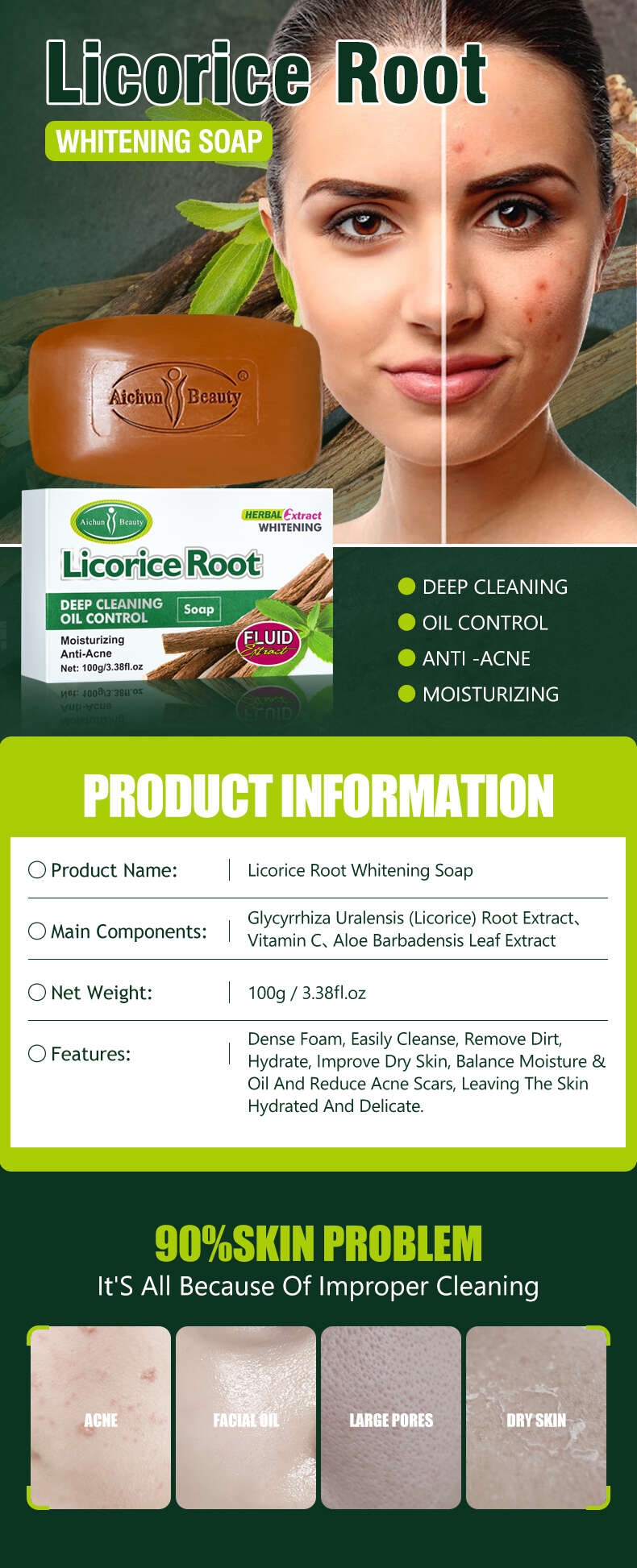 Aichun Beauty Herbal Licorice Root Bar Soap Double Whitening Cleaning Anti Acne Soap For Face And Body