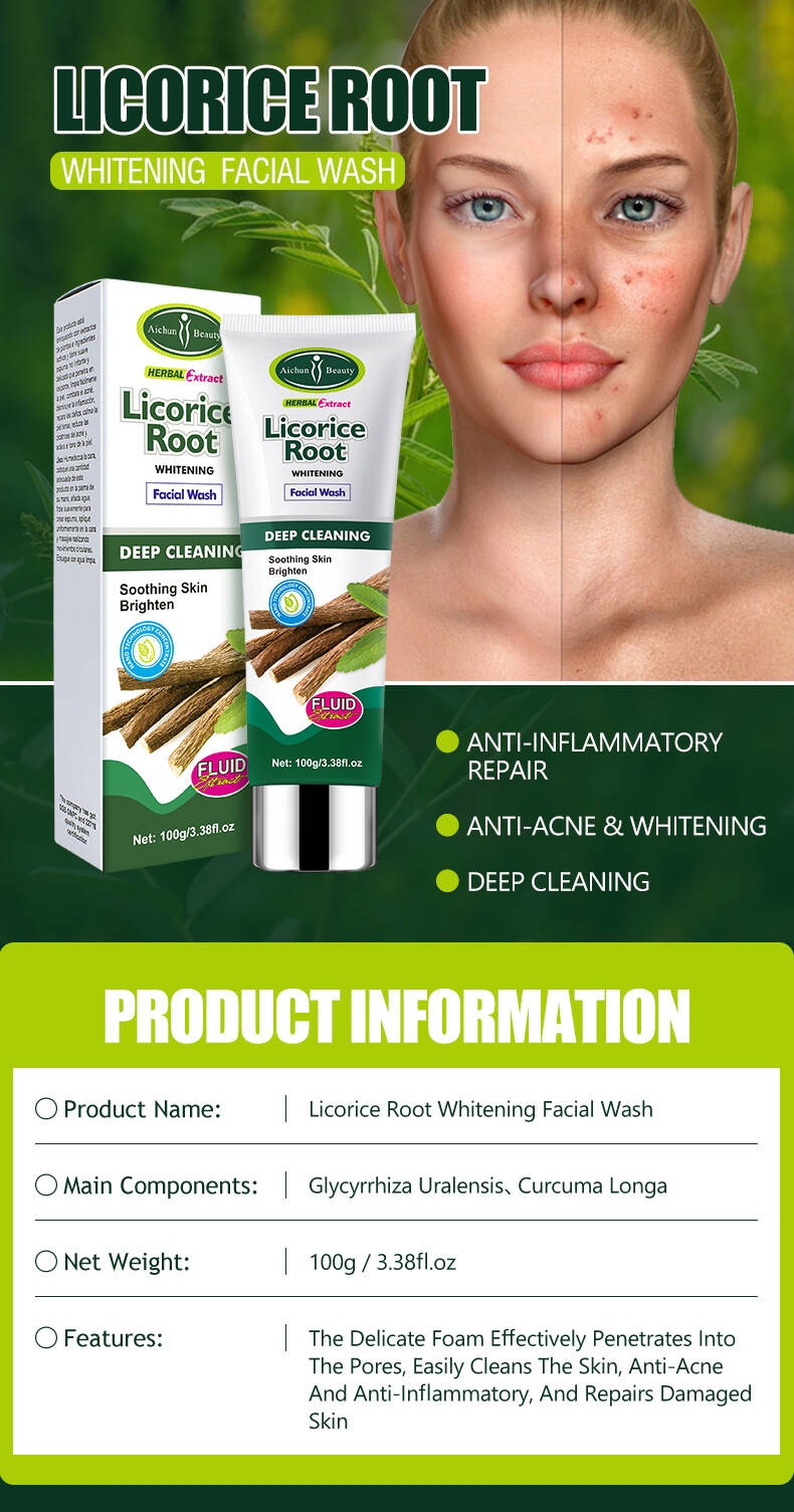 Aichun Beauty Herbal Facial Cleanser Deep Licorice Root Face Wash with Mineral Lightening for Female Acne Reduction Whitening