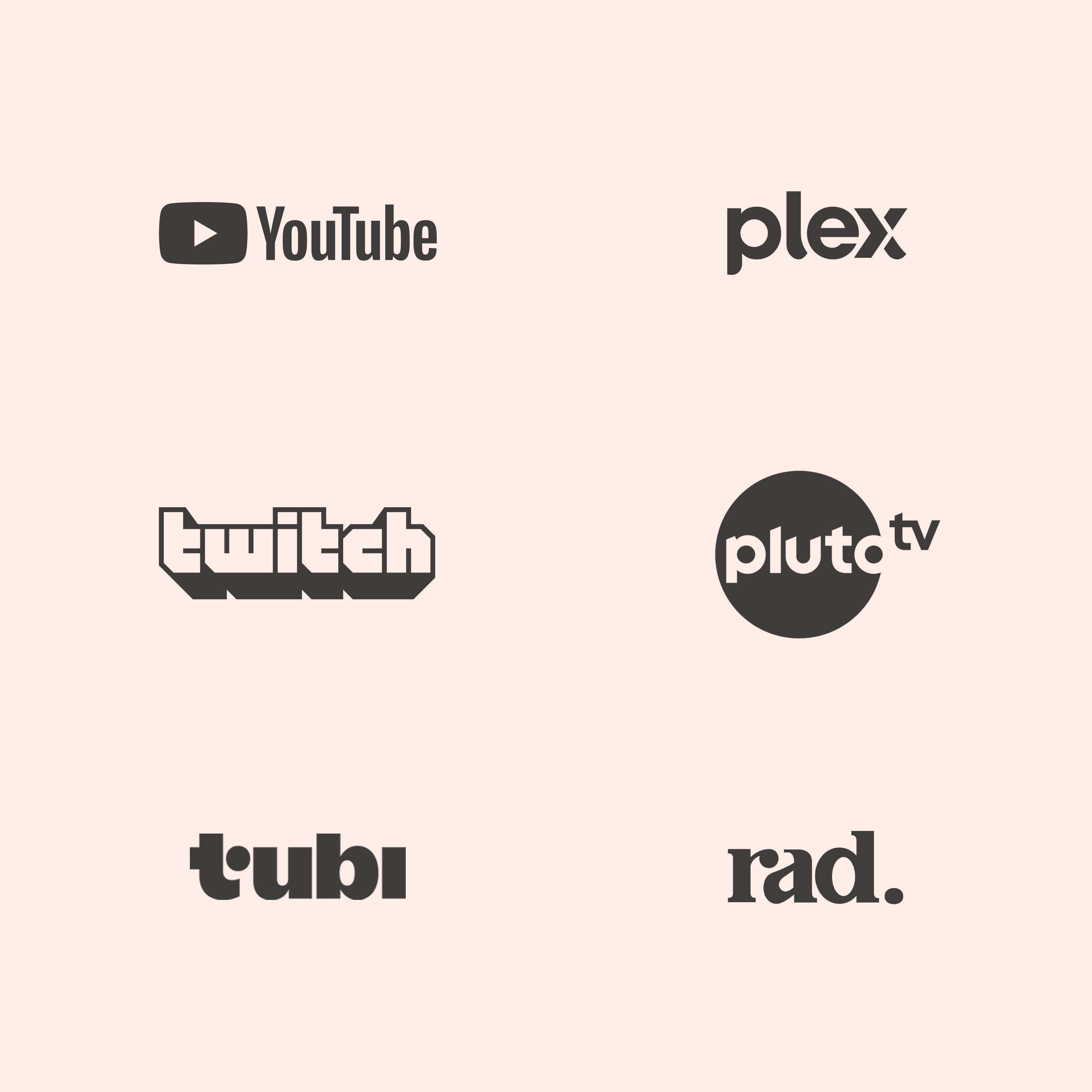 Popular free TV streaming platform logos on a pink background. A few logos include YouTube, Pluto and Tubi.