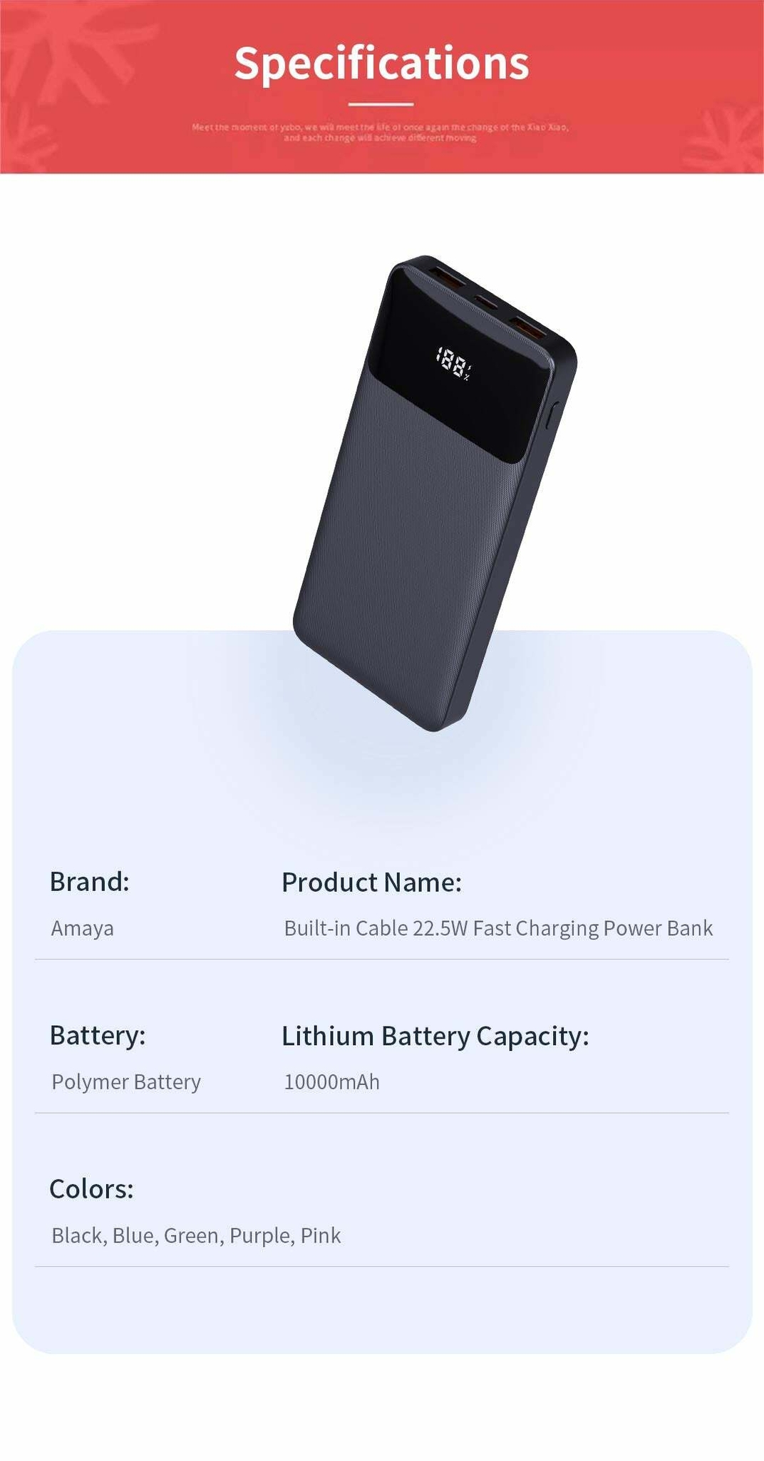 Amaya APW-12 power bank 10000mAh 22.5W super fast charging with 2 lines