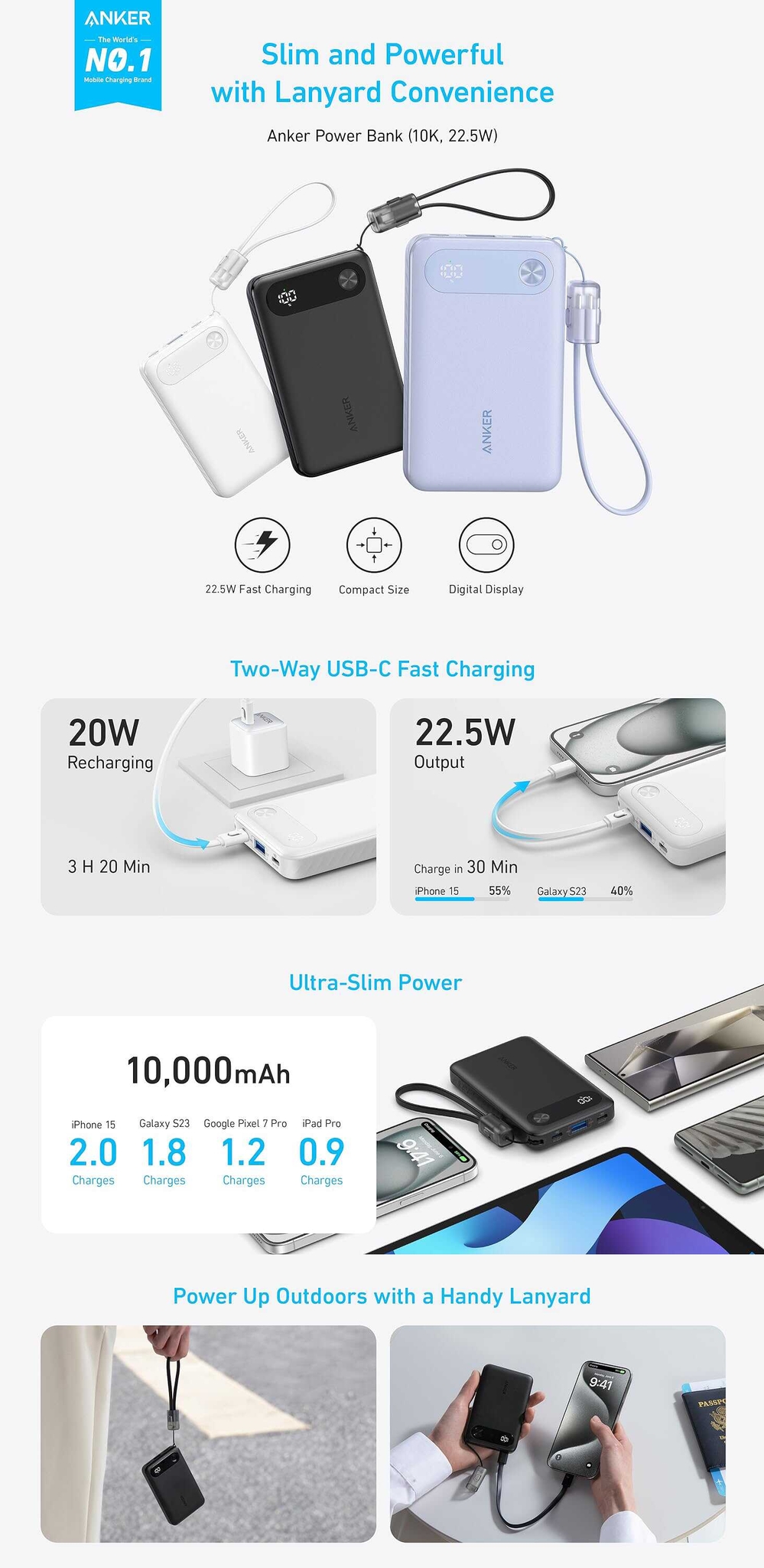 Anker Powercore Power Bank 10,000mAh Portable Charger Built-in USB-C Cable Lanyard 22.5W Max Output 2 USB-C and 1 USB-A Port Battery Pack (A1257)