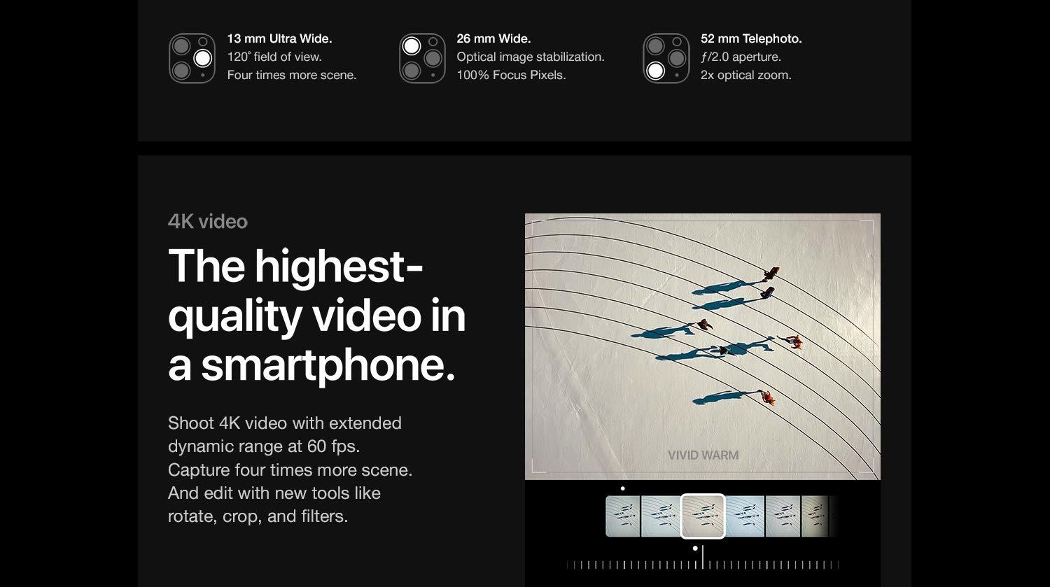 4K Video. The highest-quality video in a smartphone. Shoot 4K video with extended dynamic range at 60 fps. Capture four times more scene. And edit with new tools like rotate, crop, and filters.