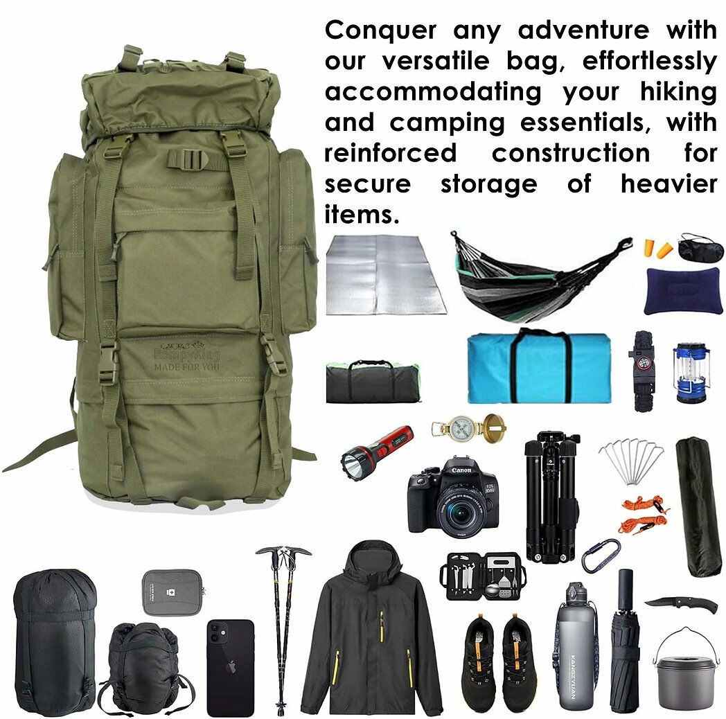 Large waterproof camping & hiking backpack with Molle system for travel and military use.