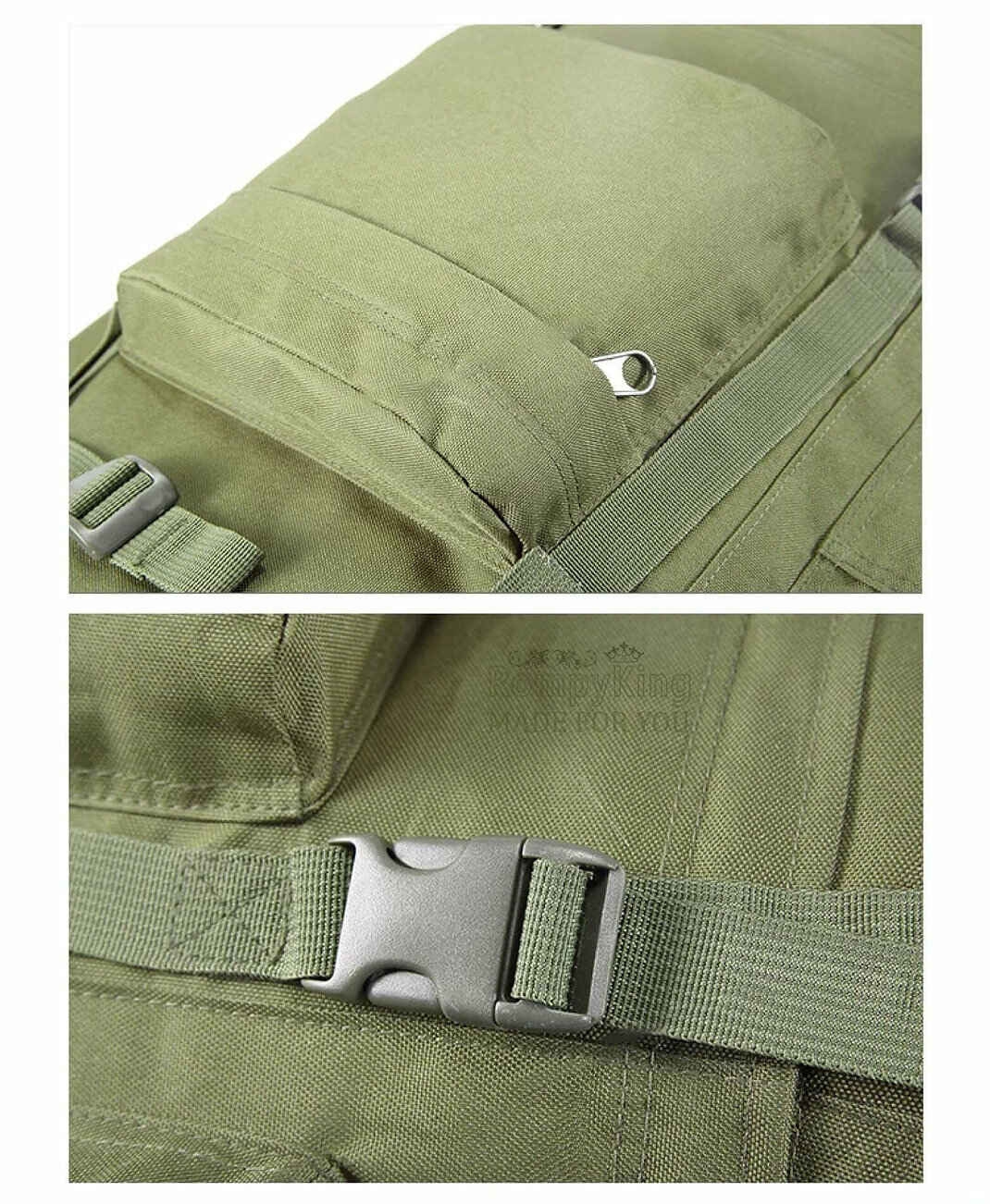 Large waterproof camping & hiking backpack with Molle system for travel and military use.