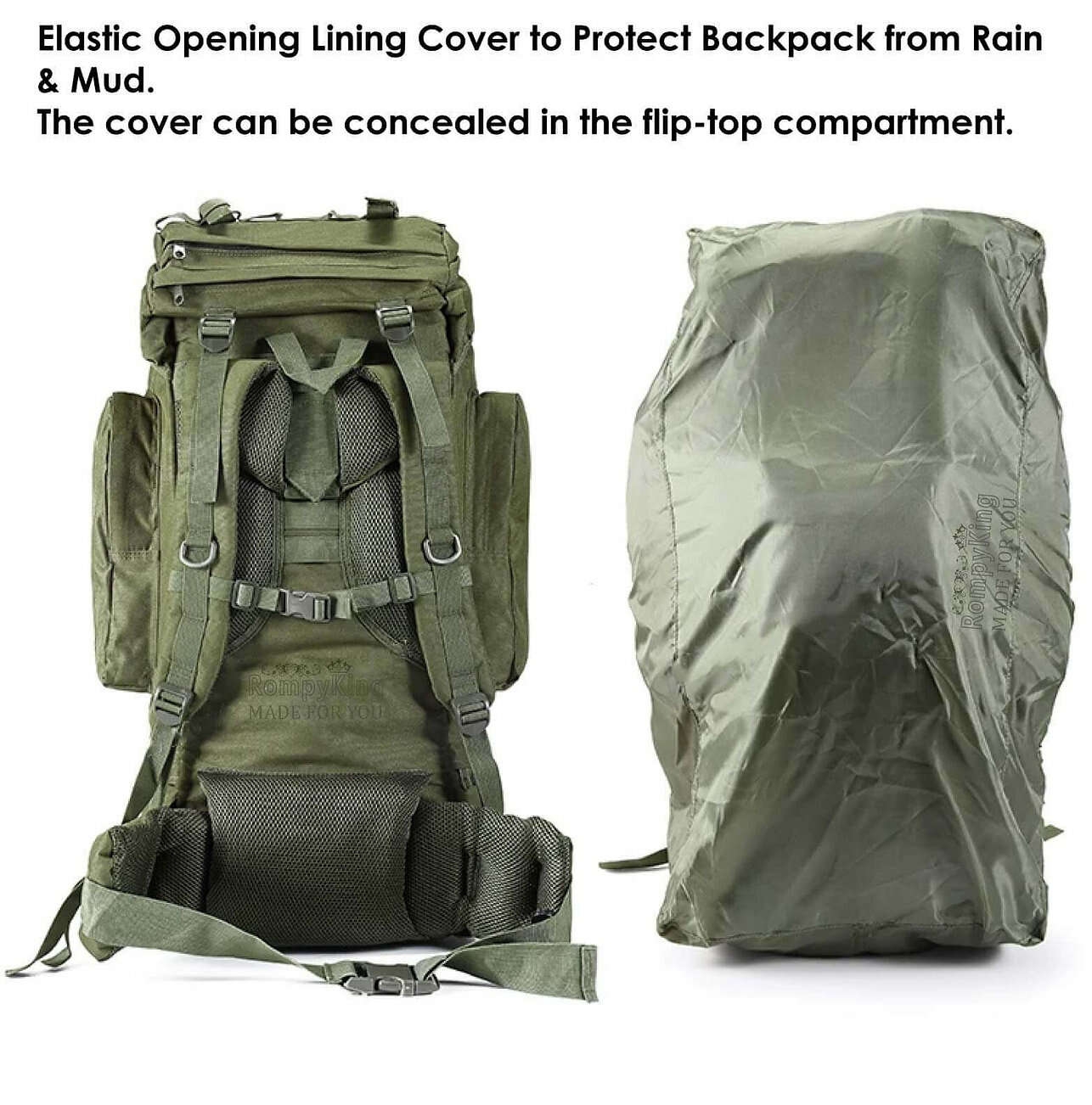 Large waterproof camping & hiking backpack with Molle system for travel and military use.