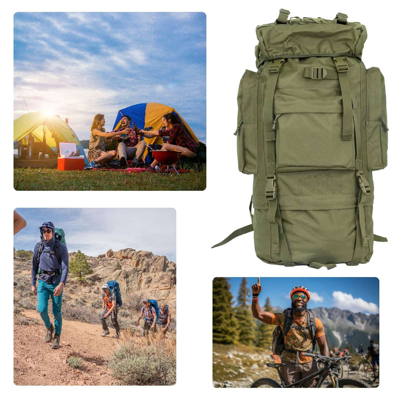 Jungle green tactical backpack with ample storage for camping, hiking, and travel.
