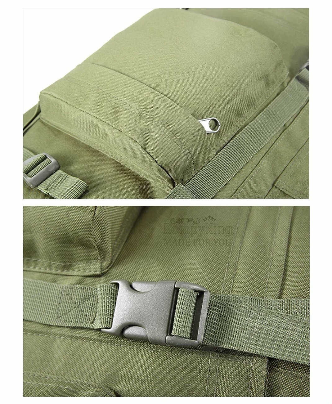 Jungle green tactical backpack with ample storage for camping, hiking, and travel.