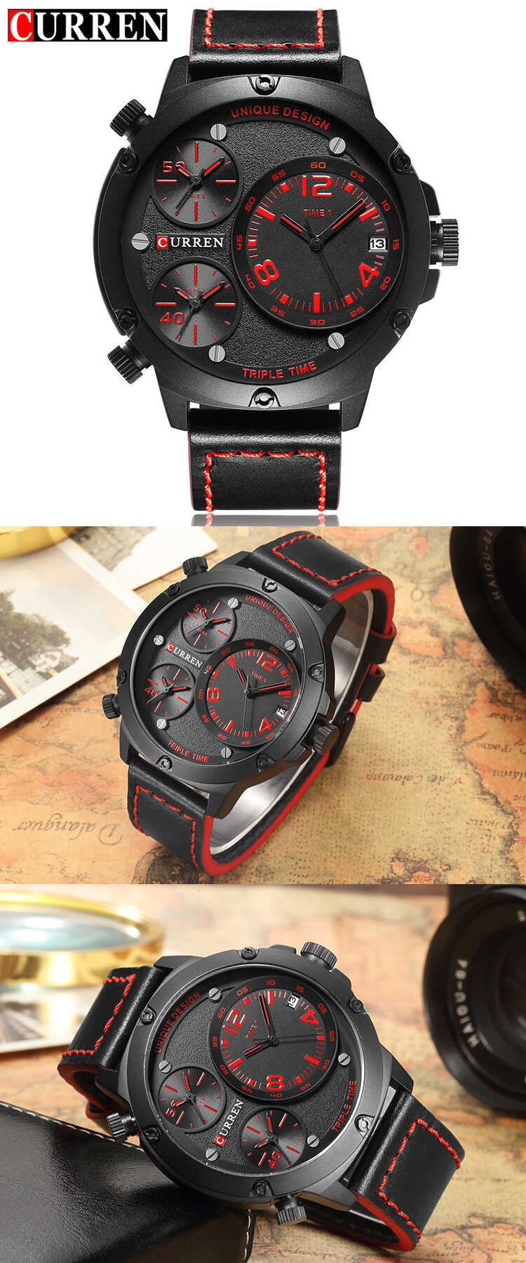 CURREN 8262 Top Brand Luxury Mens Watches Male Leather Three Time Zone Clocks Sport Clock Men Quartz Watch Gift