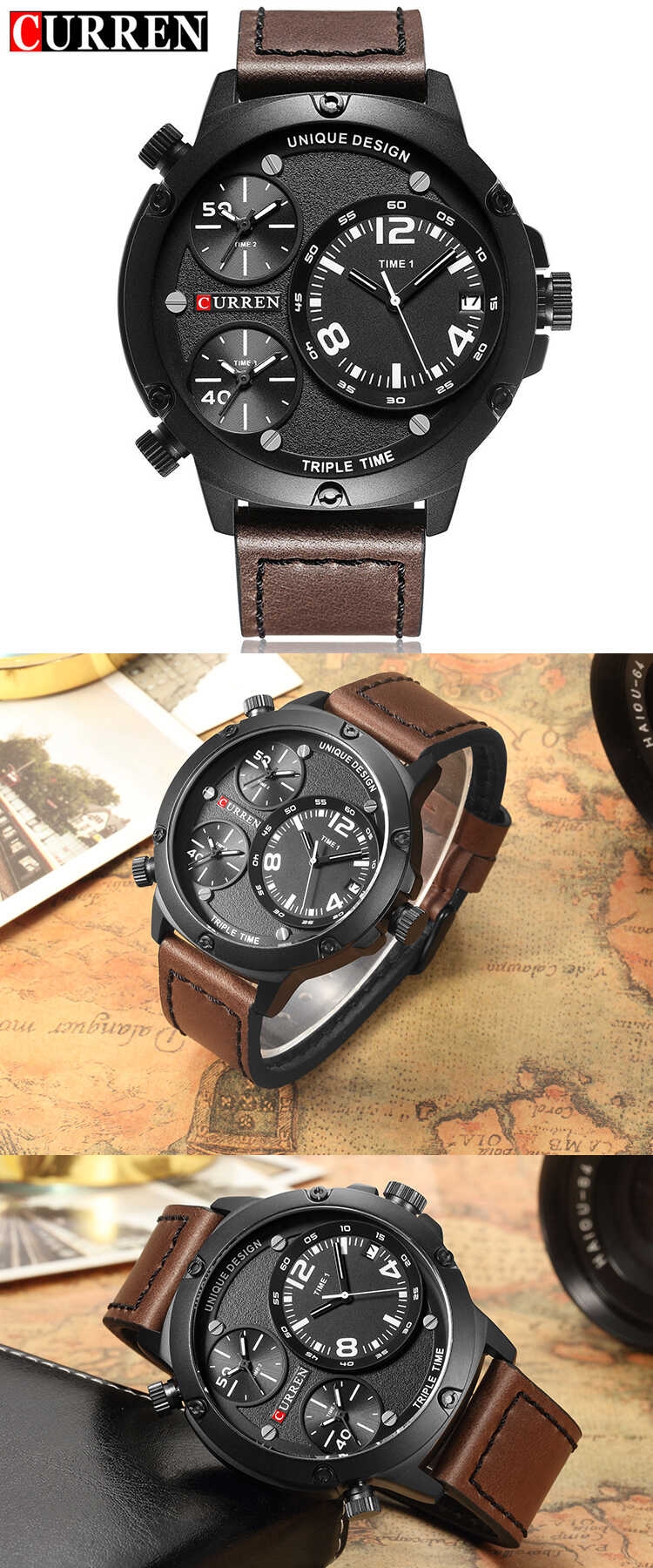 CURREN 8262 Top Brand Luxury Mens Watches Male Leather Three Time Zone Clocks Sport Clock Men Quartz Watch Gift