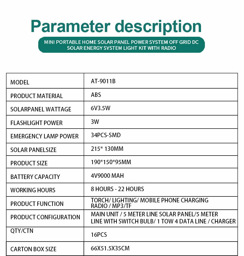 AT-9011B DAT solar lighting  system kits  with MP3 and radio DC solar lighting kits with USB mobile phone function