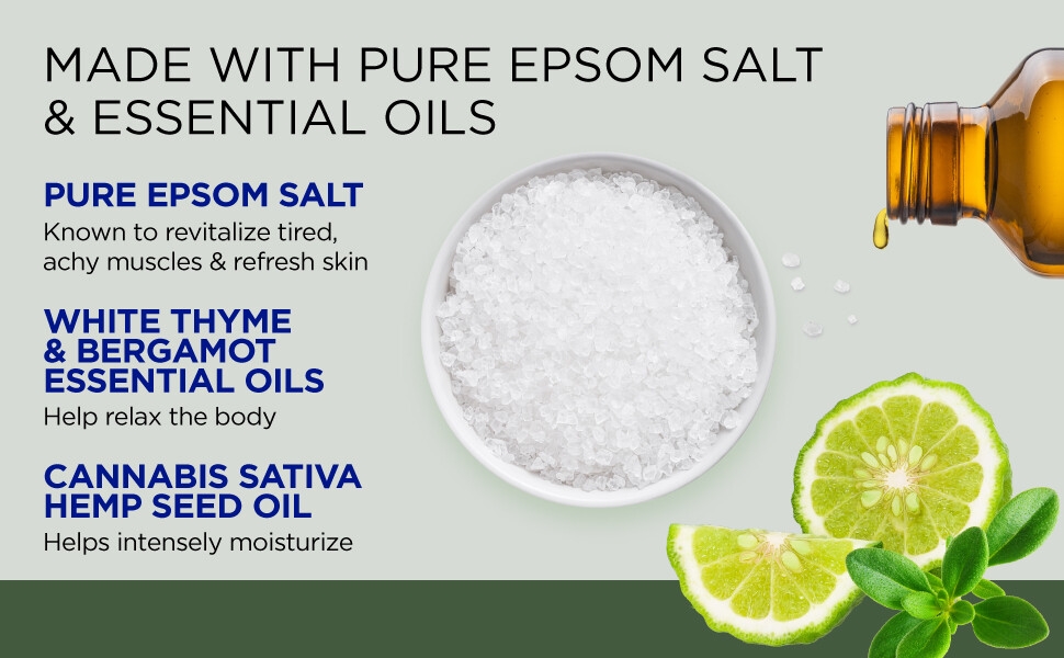 Ingredients overview, hemp seed oil, pure epsom salt, bergamot, hemp seed oil