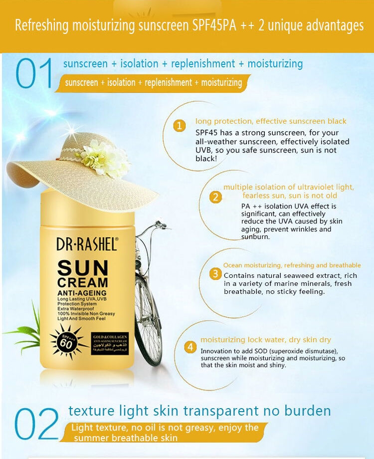 DR.RASHEL Sun cream spf 60 Anti-Aging Moisturizer UV protector waterprl Sunscreen Lotion Gold collagen sun block cream