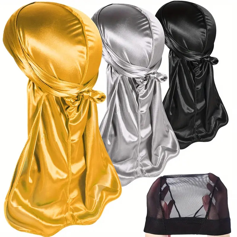 4pcs set durag 3pcs silky durags pack for men waves satin doo rag award 1 wave cap black silvery yellow 5011 black 0
