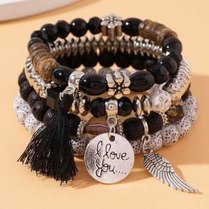 4 IN 1 elastic and retractable Multilayer Tassel Charm Hand Beaded Bracelet Set - Black